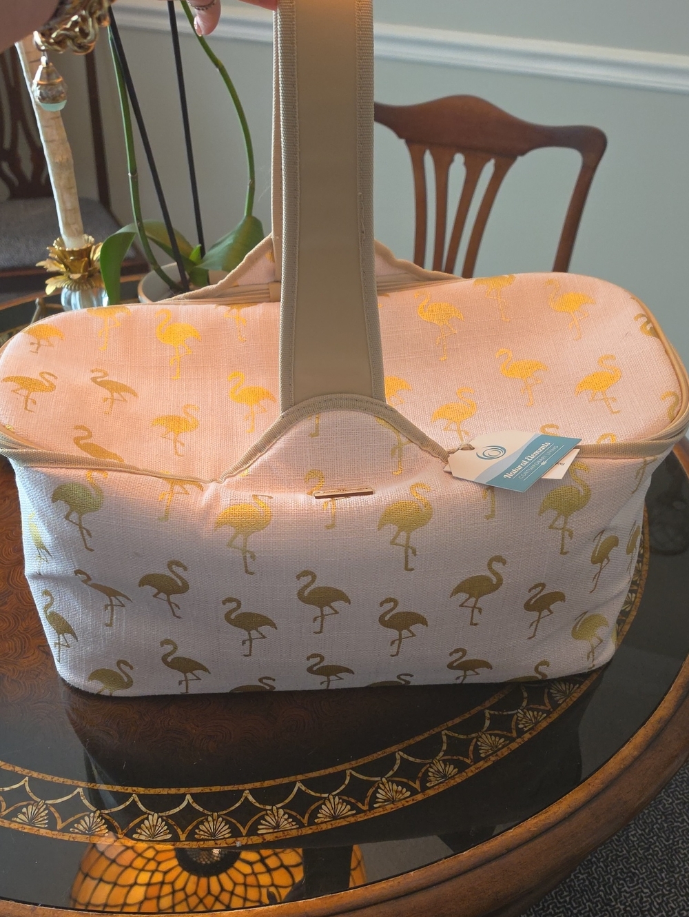 Natural ELEMEMTS Flamingo Print Tote Beach Cooler Bag with Cream Handles -